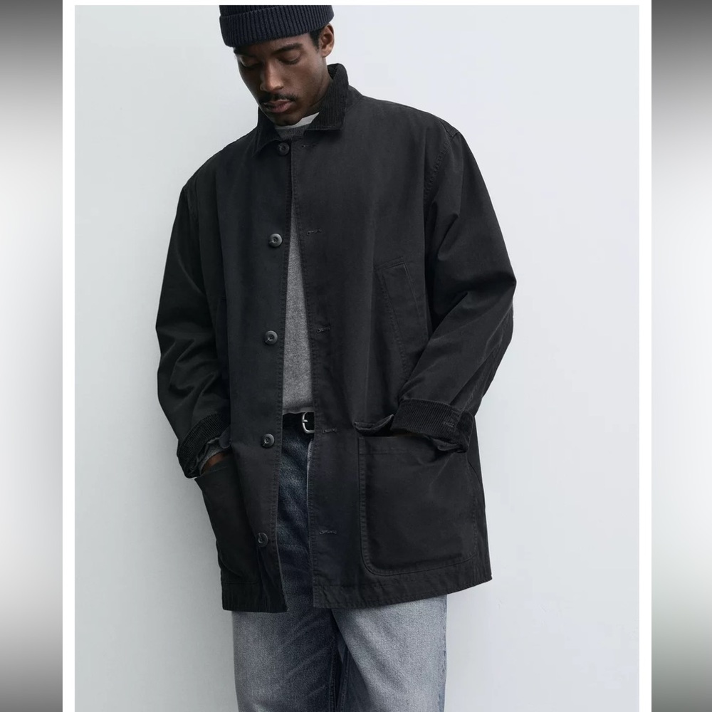NWT ZARA Men's Relaxed Fit Trench Coat/Barn Jacket In Black. Size Medium